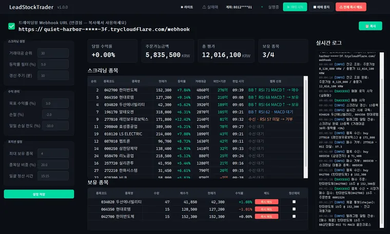 주도주 스크리닝 + 트레이딩뷰 웹훅 자동매매 실행 화면